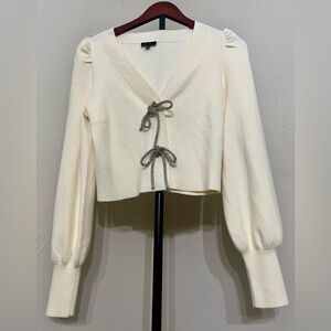 Express Cream Long Sleeve Tie Front Crop Blouse
